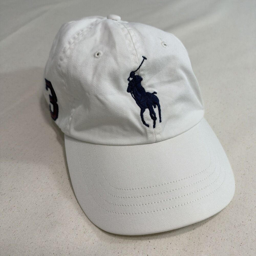 Polo Ralph Lauren Big Pony #3 White Adjustable Baseball Cap Hat Embroidered